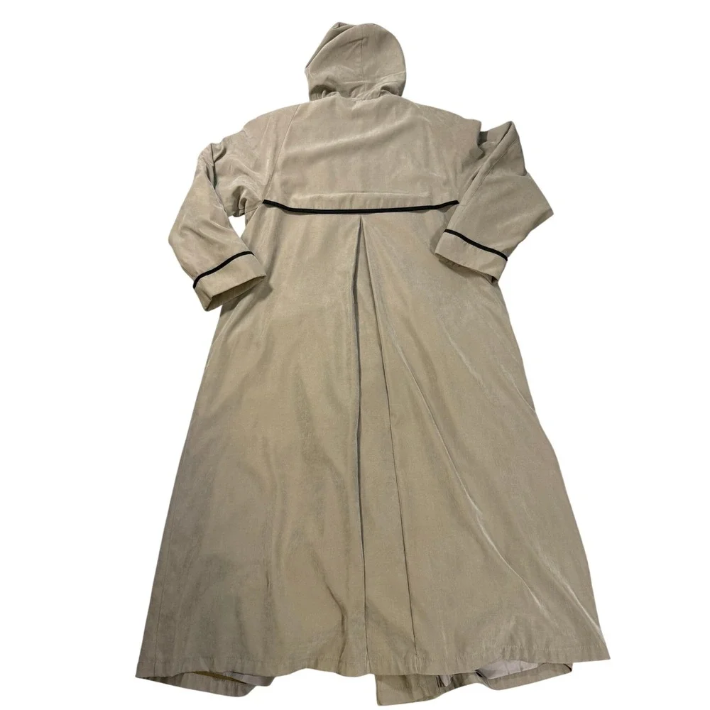 Vintage Tan Hooded Duster Coat Black‎ Piping Maxi Trench Dark Academia Size 10